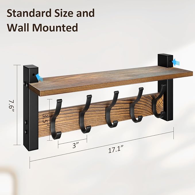 Optish Coat Rack Wall Mount with Shelf, 17.1 Inch Coat Hanger, Entryway Wall Key Holder, Hat Rack for Walls, Shelf with 5 Coat Hooks, Purse Hanger for Wall (Brown)