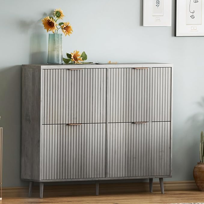 Shoe Cabinet Storage,Modern Freestanding Organizer with 4 Flip Drawers,Narrow Shoe Rack Cabinet for Entryway,Grey