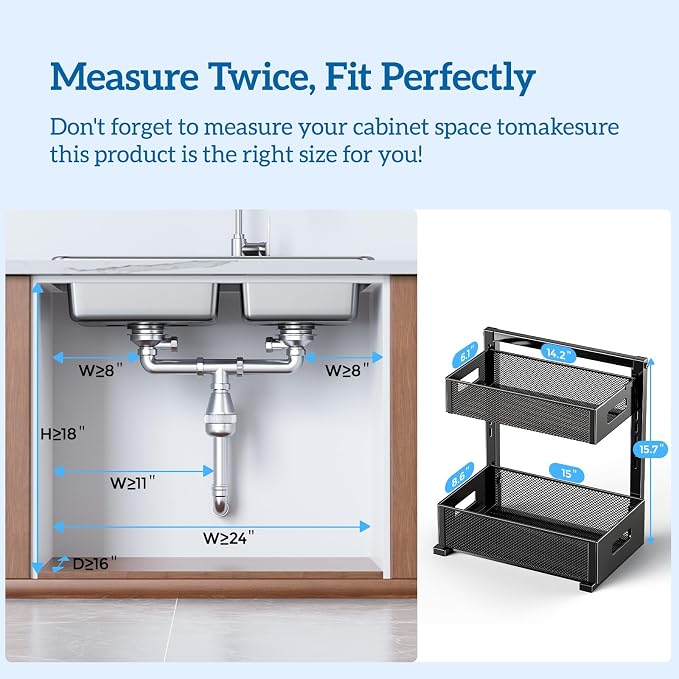 Under Sink Organizer for Bathroom & Kitchen, Under Cabinet Storage Shelf, Bathroom Cabinet Organizer Vanity Drawer Pantry Organization, Multi-Purpose Under Sink Slide Out Storage Shelf