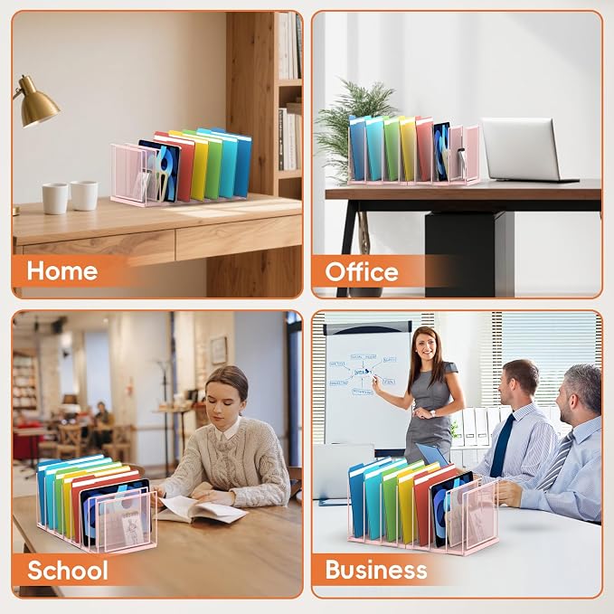 File Organizer For Desk, 7 Section Metal Desktop File Sorter, Pink | Desk file organizer, connectable 7 section design, 2.17 in spacing, vertical folder storage for home office and classroom