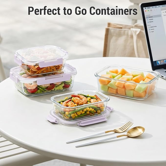 Dealusy 10 Sets (20-Piece) 36 oz & 12 oz Glass Food Storage Containers with lids, Airtight Leak-proof Glass Meal Prep Containers with Lids, Microwave Oven Freezer Dishwasher Safe, Purple