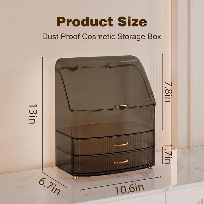 Makeup Organizer Countertop Vanity with Transparent Lid Drawers Waterproof Dustproof Cosmetic Skincare Bathroom Storage Gift for Women Teens Girls (Clear Black)