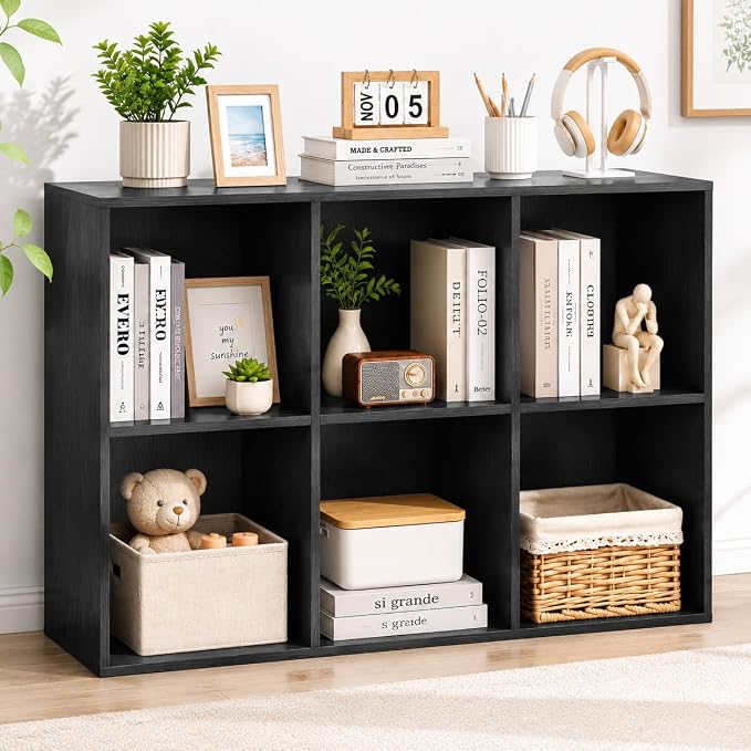 POWERSTONE 6 Cube Storage Organizer, Open Cube Bookshelf with Back Panels, Modern Display Cubby Bookcase for Bedroom Living Room Home Office, Black