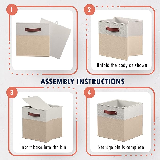Ornavo Home 11x11 Foldable Fabric Storage Cube Bins, 6 Pack, White/Khaki | Collapsible Linen Shelf Basket Organizer; Leather Handles; Ideal Cube Storage For Closet