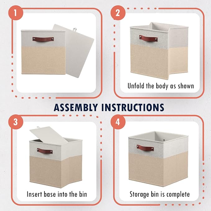 Ornavo Home 13x15x13 Foldable Fabric Storage Cube Bins, 6 Pack, White/Khaki | Collapsible Linen Shelf Basket Organizer; Leather Handles; Fits Cube Storage Shelving Units
