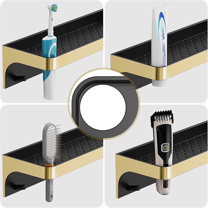 Shower Caddy Adhesive with 5 Hooks & Drainage, No-Drill, Gold | Plastic Wall Bathroom Shelf Rack Organizer, Inside Shower Storage Holder for Bath Accessories, Rustproof Bathroom Shelves