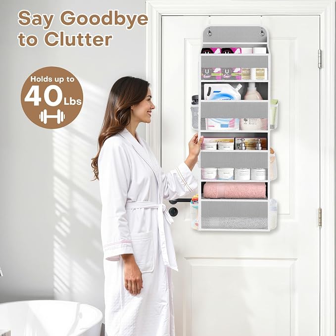 Over the Door Organizer, 4 Large Pocket Hanging Storage with 40lb Capacity | Space Saving Door Storage for Nursery, Bathroom, Bedroom and Closet, Baby Essentials and Toiletry Organizer, Grey