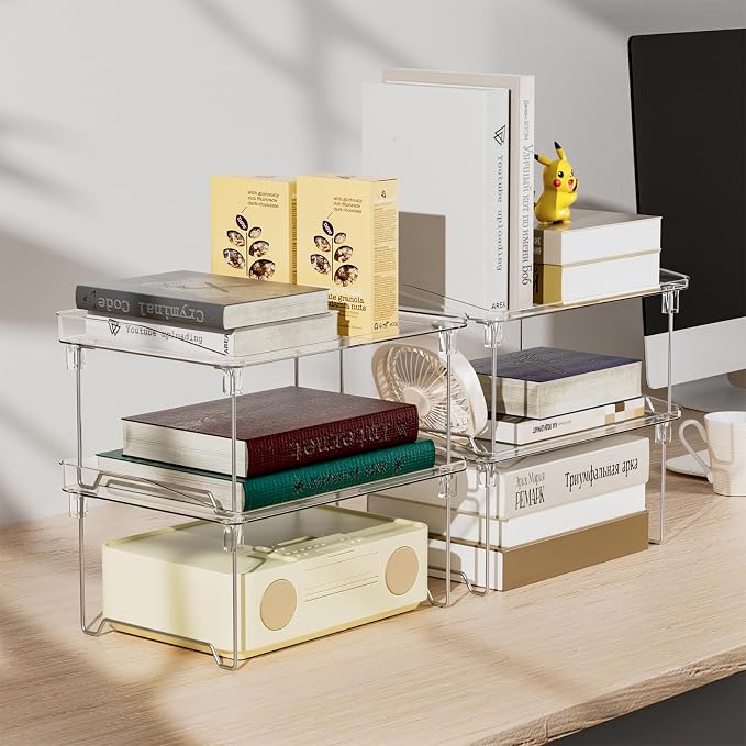 STARLATTA Acrylic Cabinet Organizer Shelf,4 Pcs Stackable Kitchen Counter Shelves,Spice Rack,Countertop Organizers,Clear Plastic Storage Organization for Makeup,Bathroom,Cupboard,Desk,Pantry