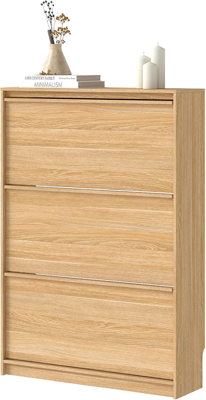 Shoe Cabinet with 3 Flip Drawers, 31.5" W Narrow Shoe Storage Cabinet for Entryway, Slim Shoe Organizer with Adjustable Shelves, Freestanding Shoe Rack for Hallway, Living Room, Oak