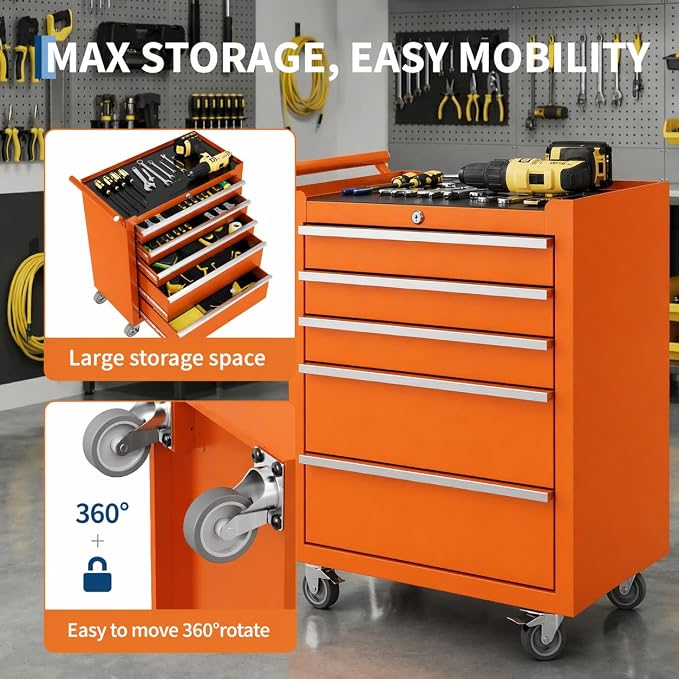 Garvee Rolling Tool Chest, 5 Drawers Tool Storage Cabinet, Toolbox with Wheels, Portable Tool Cabinet Organizer with Locking System & Drawer Liners, Tool Storage Cart for Garage, Workshop, Orange
