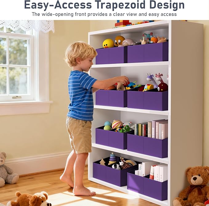 DIMJ Large Closet Shelf Organizer Bins 6 Packs with Handles and Divider, Fabric Trapezoid Storage Baskets, Foldable Clothes Containers Box for Shelf, Towel, Book, Toy, Purse, Hats, Purple