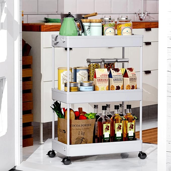 SPACEKEEPER 3 Tier Rolling Cart, Bathroom Cart Organizer with Wheels, Gray | Mobile Storage Cart for Laundry Room Organization,Kitchen,Office,Bathroom, Utility Cart for Snack,Craft,Art,Makeup,Nail,Toys