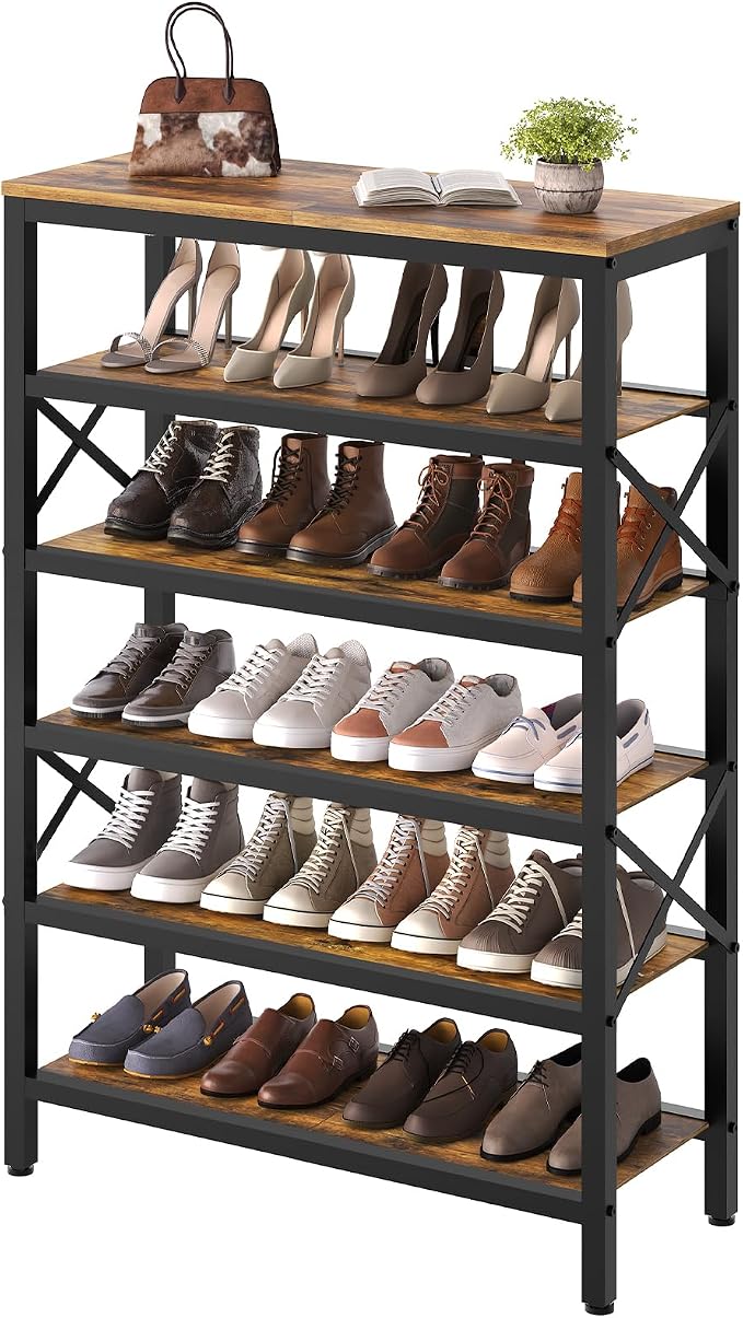6-Tier Tall Shoe Rack Organizer, Wooden Shoe Storage for Closet Holds 24 Pairs, Sturdy Shoe Shelf with X-Shaped Metal Support, for Entryway, Bedroom, Rustic Brown and Black SS206BR