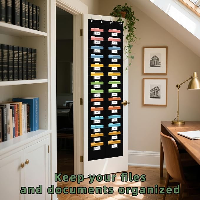ANCOMEDO 28 Pocket Hanging Wall File Organizer with 28 Name tag Pockets, File Storage Pocket Chart for Classroom and Office Use. Keeps Assignments, Files, Scrapbooks, and Papers Neatly Organized.