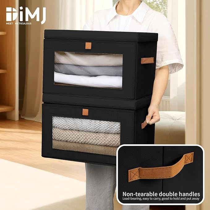 DIMJ Storage Bins with Lids - 6 Pack Large Fabric Closet Organizer with Window & Handles, Collapsible Decorative Storage Boxes for Shelves Under Bed, Books Clothes Blankets Sweaters Organization