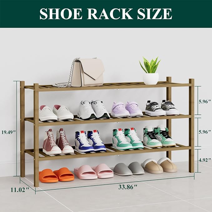 Smiry Bamboo Shoe Rack, 14 Vertical Slats, 3 Tier - 33.7" Wide, Walnut | Stackable Free Standing Wooden Shoe Organizer, Wood Shoe Storage Shelf for Closet, Entryway, Thicher Leg