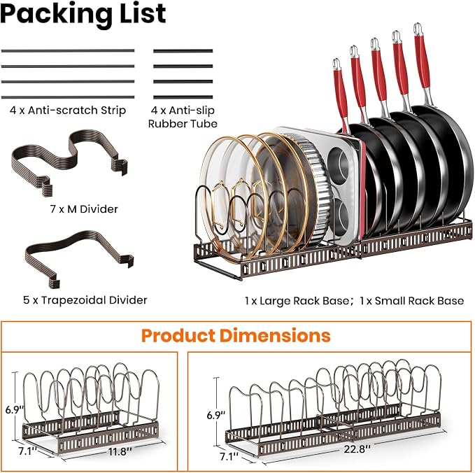 MUDEELA Expandable Pot Pan Lid Organizers inside Cabinet, 12 Divider-Bronze | Expandable 11.8–22.9", 12 Adjustable Divider, Tool-Free Assembly, Non-Slip, Scratch-Proof, For Pan Lid Cutting Board Bakeware
