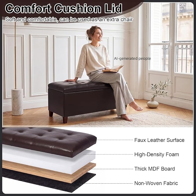Storage Ottoman Bench, 33" Faux Leather Upholstered End of Bed Bench with Safety Hinge,Wooden Legs,for Entryway Bedroom Living Room,Chocolate Brown