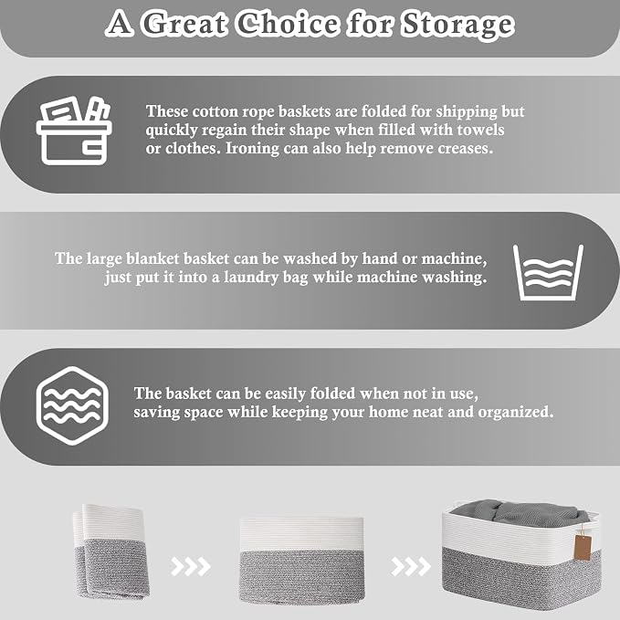 Goodpick Extra Large Woven Rope Storage Basket, Rectangle, Light Gray | 75L, 22 × 17 × 12 in, Cotton Rope, Reinforced Handles, Blankets, Pillows & Clothes Storage, Blankets & Living Room Decor
