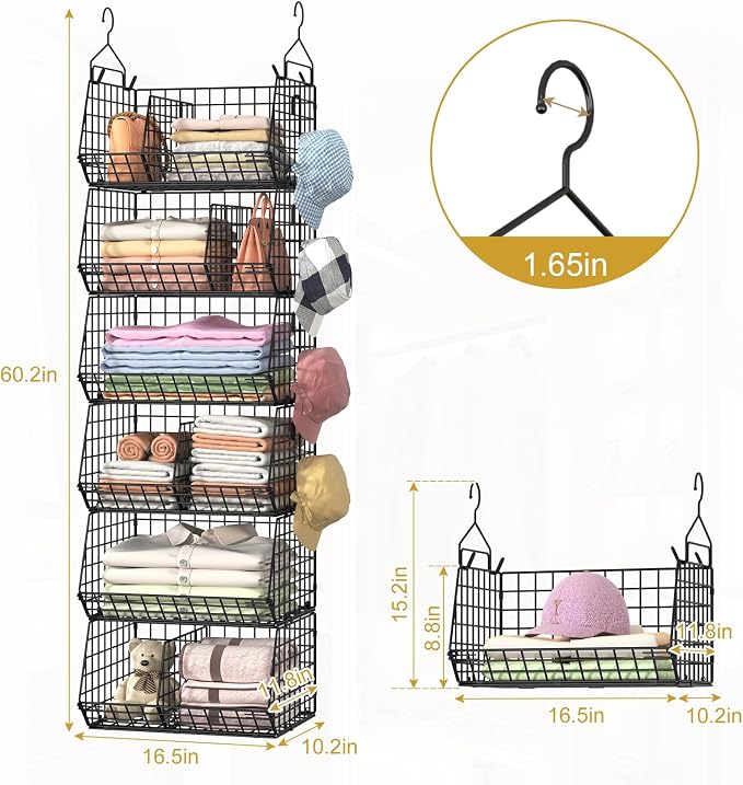 6 Tier Extra Large Hanging Storage Organizer,Hanging Closet Shelves with Dividers,Closet Organizer Wire Shelf with 5 S Hooks,Bedroom,Laundry Storag-Black