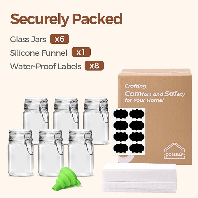 ComSaf Square Small 8 oz Glass Spice Jars with Airtight Lids 6 Pack Pantry | Jams herbs, Overnight oats, Pickling favors, Labels included, Funnel included, Pantry organization, Sourdough pickling