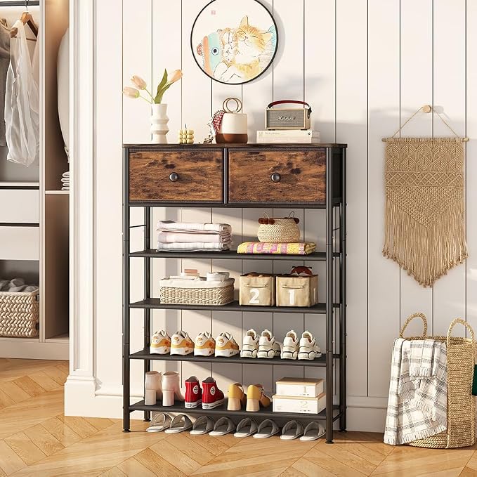 INGIORDAR 5 Tier Shoe Rack Storage Organizer with 2 Drawers MDF Board | Metal space-saving Shoe Shelf stores 20 Pairs of Shoes for Closet Entryway Bedroom Living Room Garage Black+Rustic Brown