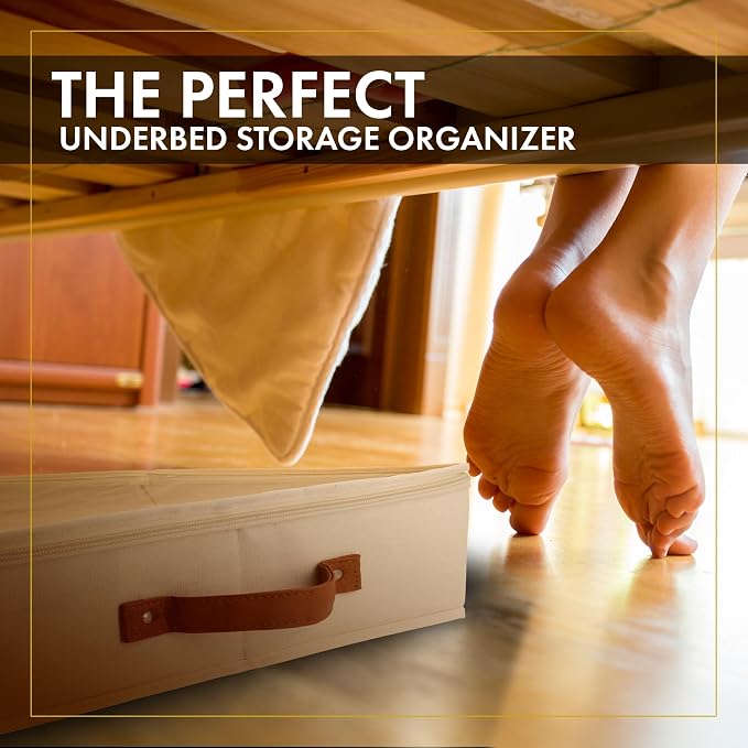 2pc Low Profile Under Bed Storage Containers, Thin Under Couch Storage Organizer with Bins & Lids, Underbed Storage Box Ideal for Seasonal Clothes, Blankets, Fabric & Shoes (Ivory)