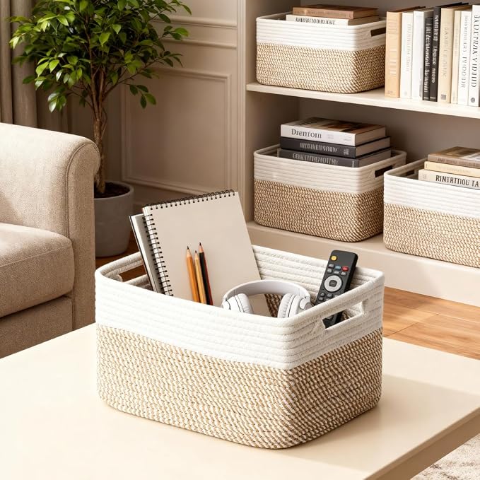 5 Pack Woven Storage Baskets for Shelves, Decorative Basket Organizer Storage Bins for Toys, Books, Clothes, Closet, Nursery, Bathroom – Cotton Rope Shelf Baskets for Organizing, Khaki & White