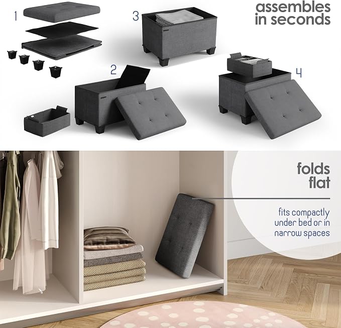 Storage Ottoman Cube with Small Bin, 16-in Square Ottoman with Storage for Living Room and Bedroom, Small Ottomans Foot Rest, Fabric Foot Stools Ottomans Max 330lbs, Grey