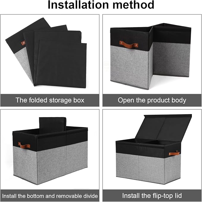 Large Toy Storage Box with Lid, Toy Chest Bin Boxes Basket with Dividers | Sturdy Toy Organizer Bin for Kids, Boys, Girls, Nursery, Living Room, Bedroom, Playroom 25"x13" x16"(Black and Grey)