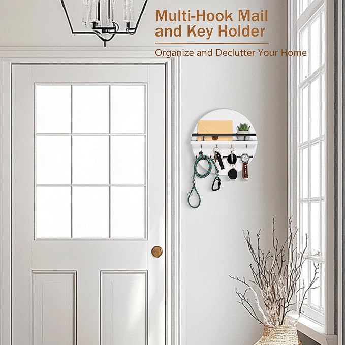 dreampossible Key Holder for Wall Decorative with Shelf and Hooks, Mail Organizer Wall Mount with Sunglasses Holder, Circular Design Entryway Key Rack Hanger, Rustic Home Decor for Mudroom