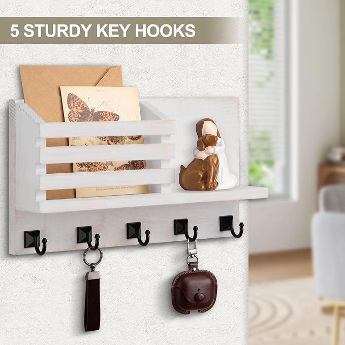 Key Holder Wall Mount, Mail Organizer for Wall with 5 Square Rustic Key Hooks Key Shelf Farmhouse Home Decor for Entryway