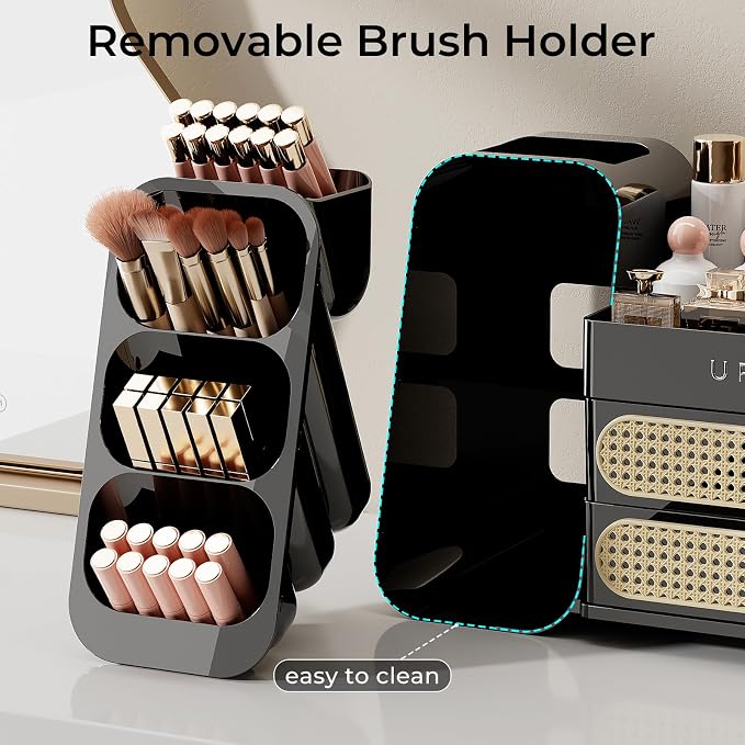 UFORU Makeup Organizer Countertop with Brush Holder for Vanity Bathroom | Large Capacity, Thickened Plastic, 2 Rattan Drawers, Compact Size, Detachable Brush Holder, Divided Compartments, Easy Access