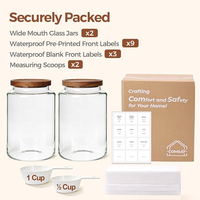 ComSaf Flour Storage Containers with Acacia Wood Lids 1Gallon 2Pack | 4.2Qt Large Glass Jar, for Cooks, Flour Cereal Rice Oats, Kitchen Pantry, 4.4in Wide Mouth, Canister with Scoops & Labels