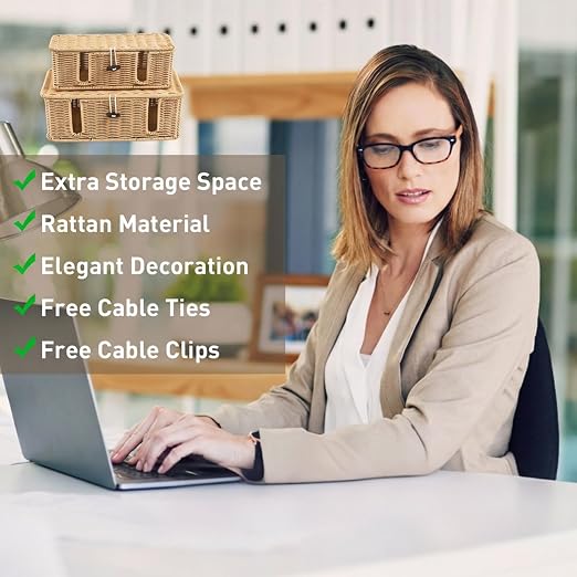 2 Pcs Rattan Cable Management Box, Large Cord Organizer Box with Lid Under Desk Router Hider with 4 Exits, Wire Boxes Hider for TV Wires Computer Surge Protector USB Hub Power Strip(Natural)