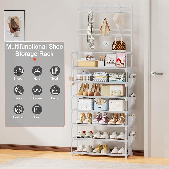 Shoe Rack 7 Tier Shoe Organizer Storage 21-28 Pairs | Closet Shoes Rack for Front Door Entrance Shoe Rack Organizer with Hooks Side Pocket Entryway Large Capacity Shoe Shelf Tower