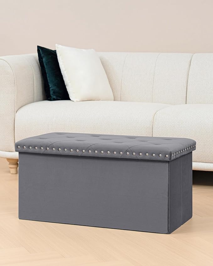 B FSOBEIIALEO Storage Ottoman Cube Folding Tufted Ottomanse, Storage Boxes Footrest for Bedroom, Luxury Velvet Fabric 30 * 15 * 15 Inches Grey