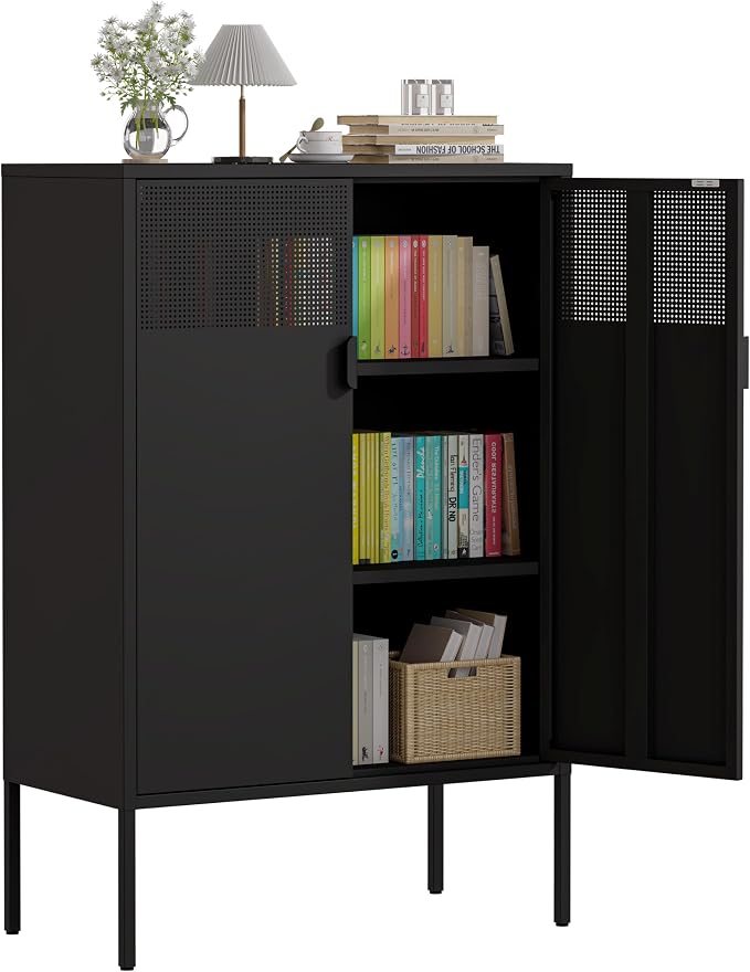 3-Tier Metal Storage Cabinet with 2 Adjustable Shelves & Mesh Doors | Metal Locker Accent Cabinet with Legs, Black Storage Cabinets, Metal TV Stand Cabinet for Home Office, Entryway & Hallway