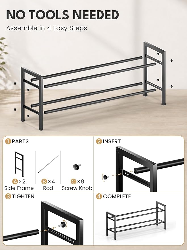 Bumusty 2 Tier Expandable Shoe Rack for Closet, Black | 18"-33" Adjustable Shoe Rack for Entryway, Small Shoe Organizer for Dorm, Front Door, Sturdy Metal