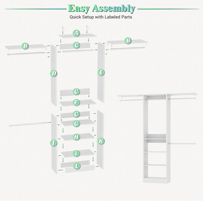Besiost 48" Closet Organizer System, 4FT Closet System for Small Closets with 4 Hanging Rods & 3 Shelves, 80"H Small Closet Organizers and Storage for Bedrooms, Cloakrooms, White