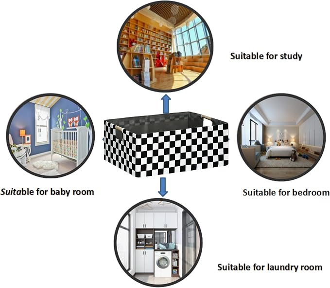 Checkered Storage Basket Foldable Nursey Box | 16.9" Storage Cube for Women Closet Organizer Boys Car Toys Bins with Handles | Sturdy Cardboard & Washable Fabric 2Pack