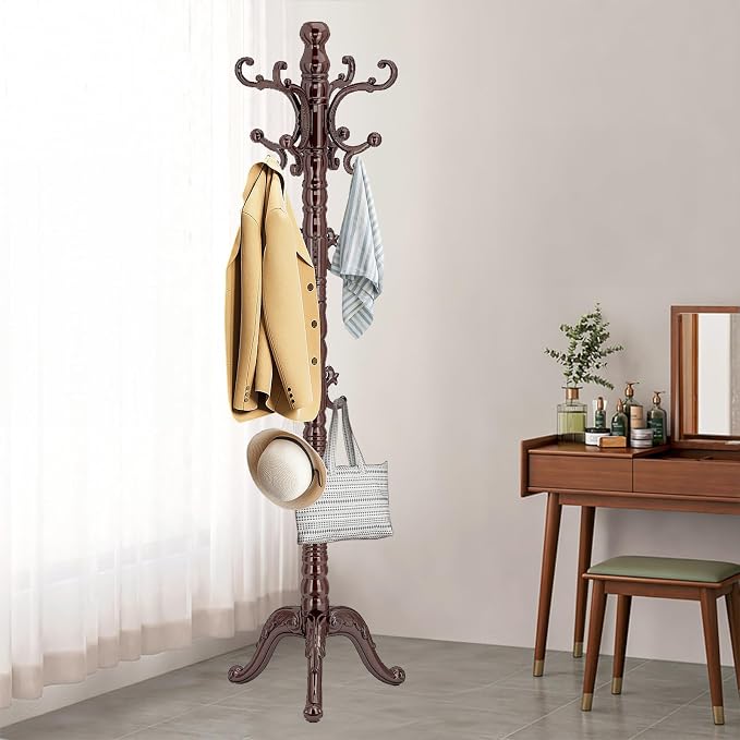OIRUMIE Wooden Coat Rack, Vintage Coat Rack Frestanding for Entryway,Corner | Wood Coat Rack Stand with 14 Hooks,Classic Coat Hanger Stand with Triangle Base,Coat Clothes Tree Stand for Hallway,Office