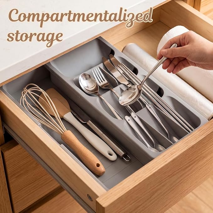 Expandable Silverware Organizer Tray, Adjustable Utensil Holder | Expandable drawer tray with divided compartments for cutlery, utensils, kitchen gadgets, office supplies and craft tools