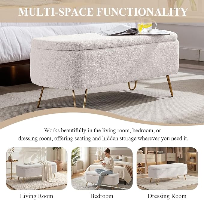 Modern Storage Ottoman Bench, Teddy Upholstered Entryway Bench with Gold Legs, Vintage End of Bed Bench with Safety Hinge, Padded Bench with Storage for Living Room, Bedroom, Entryway(Ivory)