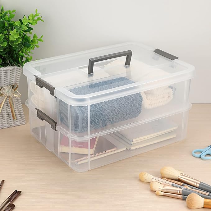 JUXYES 2-Tiers Plastic Stack Carry Storage Containers Box wih Handle Lids | Clear Stackable Latching Craft Storage Bin for School Office, Organizing Stationery, Sewing, Art Craft, DIY Supplies, Gray
