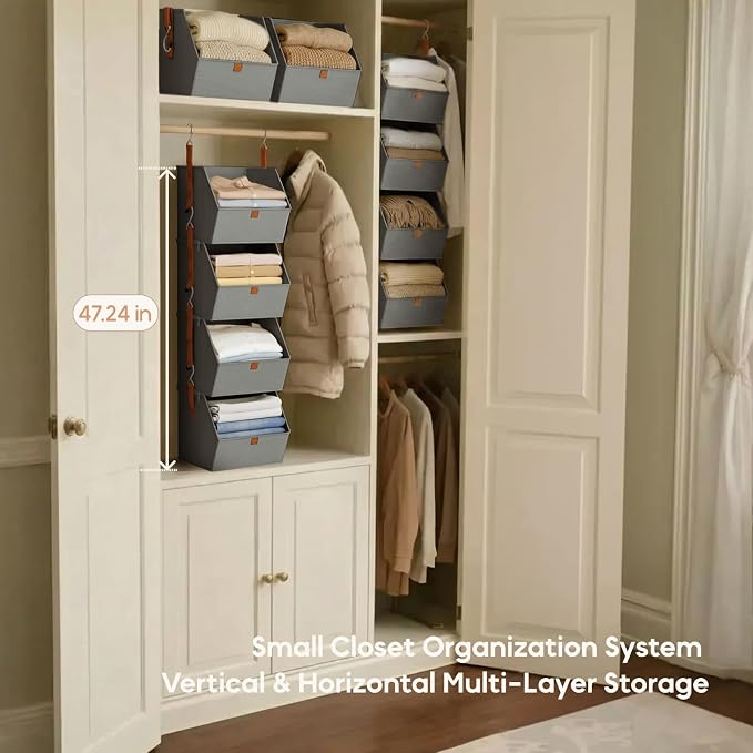 Homsorout Hanging Closet Organizer 4 Tier - Clothes Hanging Shelves, Space-Saving Closet System, Fabric Storage Bins Bedroom Organization, Collapsible Baskets for Home, Dorm, Rv, Grey