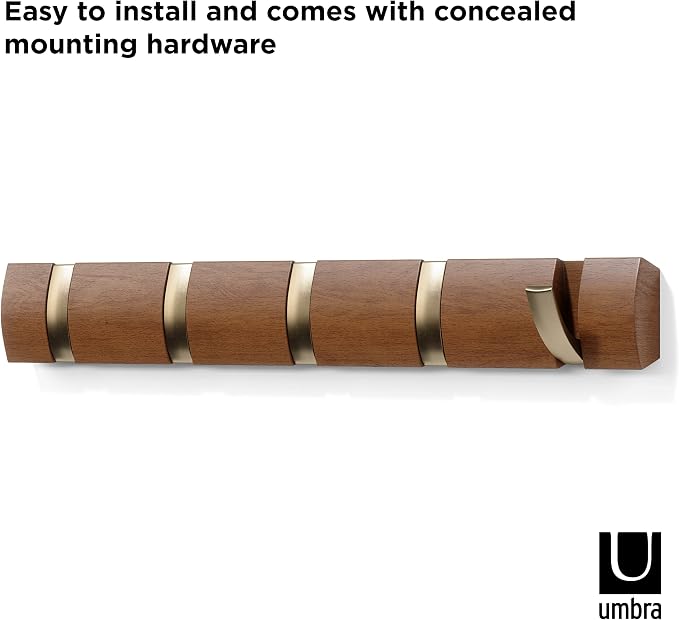 Umbra Flip Coat Rack, Wall Mounted 5-Hook Space Saving, Walnut/Gold | Real wood and steel build, retractable hooks fold flat, holds coats bags and scarves, easy install