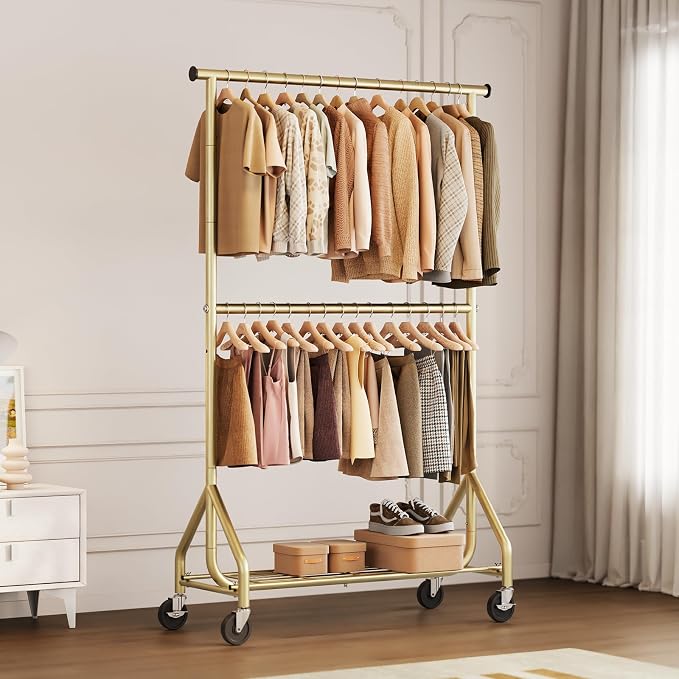 HYSEYY Heavy Duty Clothes Rack, Double Rod Clothing Rack for Hanging Clothes, Rolling Garment Rack, Adjustable Freestanding Wardrobe Closet Coat Rack for Bedroom Laundry Living Room, Gold