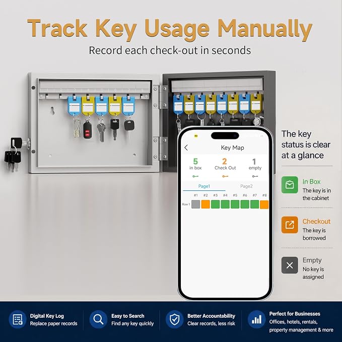 16 Key Lock Box Smart Key Organier Cabinet with Keypad & App for Office | Wall Mounted Lockbox use App, Custom & One Time Password, WiFi (Need W100 Bridge) Unlock for School, Office, Fleet, Hotel