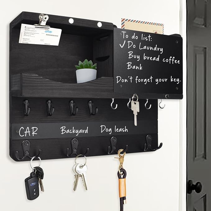 Key Holder for Wall Mount with Shelf and Mail Organizer, Key and Mail Holder with 16 Hooks, Farmhouse Entryway Organizer, Home Decor Rack (Pine Wood, Black)